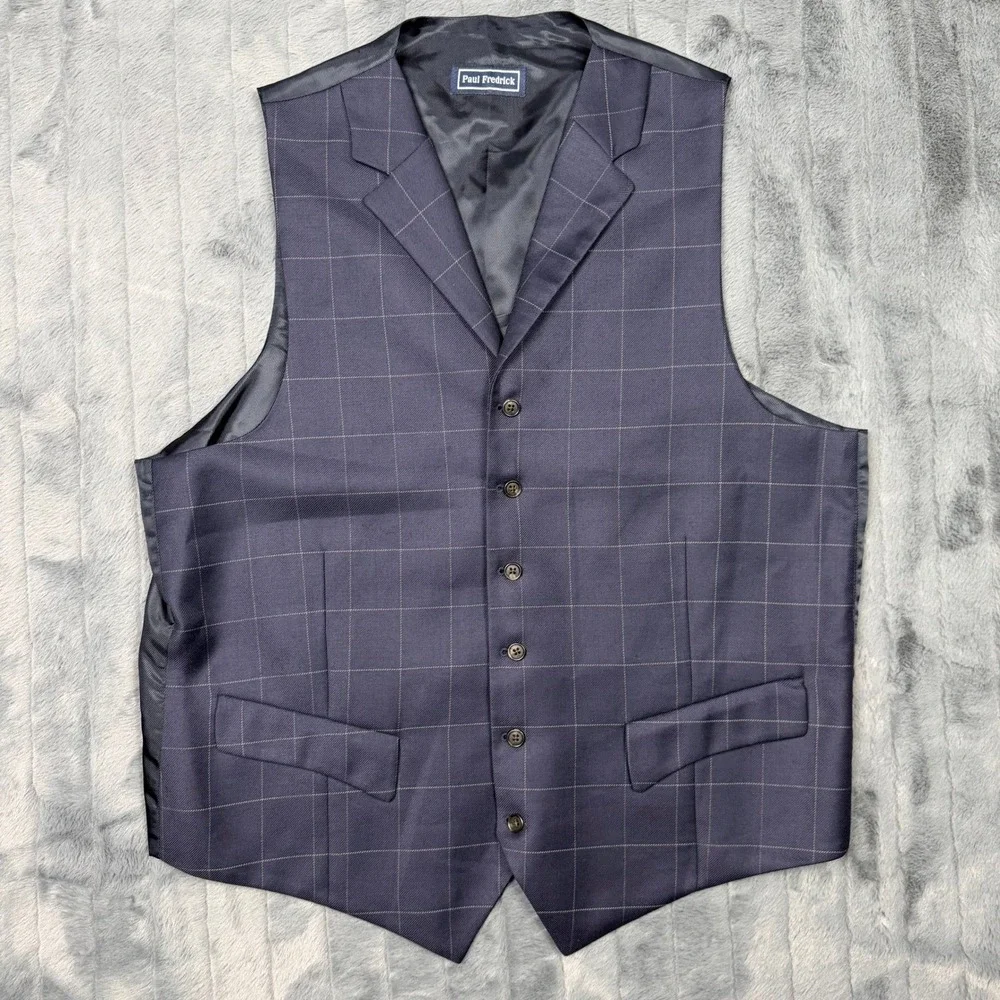 Paul Fredrick Mens 44T Navy Blue Windowpane 100% Wool Suit Vest RMK160V